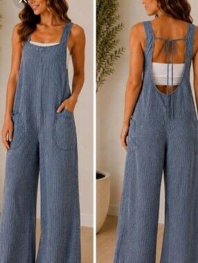 Zenana Outfitters Wide-Leg Blue Textured Overalls Jumpsuit